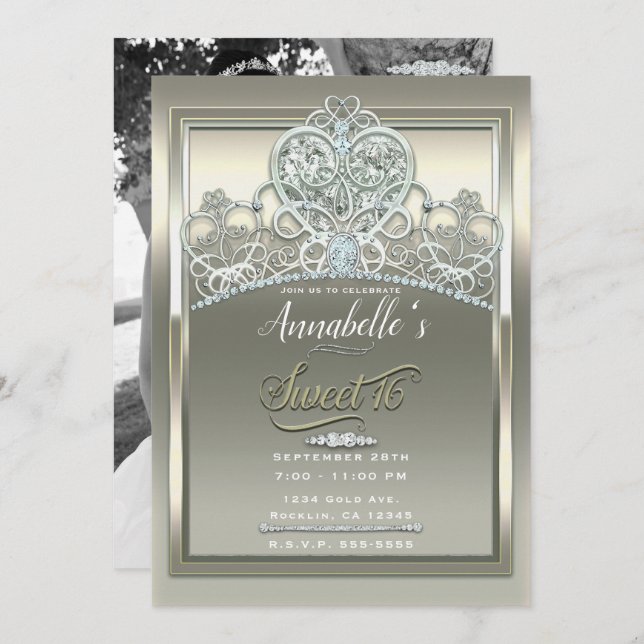 Convite Tiaro Princesa Marfim Platina Festa Sweet 16 (Frente/Verso)