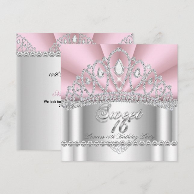 Convite Tiaro Princesa Sweet 16 Rosa Diamante Branco (Frente/Verso)
