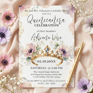 Convite Tiaro Rosa Bege Anêmona Dourado Quinceañera Prince
