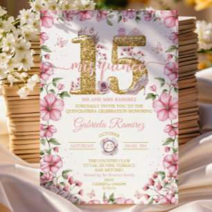 Convite Tiaro Rosa Bege e Dourado Mis Quince Quinceañera