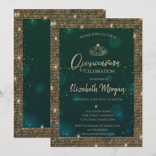 Convite Tiaro Verde Chic Dourado,Sequins Verde Quinceañera (Frente/Verso)