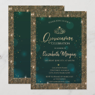 Convite Tiaro Verde Chic Dourado,Sequins Verde Quinceañera