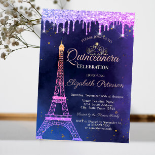 Convite Tiarra com Brilho Ombre Torre Eiffel Quinceañera