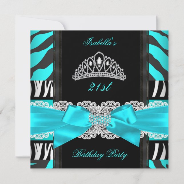Convite Tiarra de aniversário de zebra azul turquesa preta (Frente)
