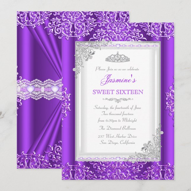 Convite Tiarra de Damasco de Renda Roxa e Prata Sweet 16 (Frente/Verso)