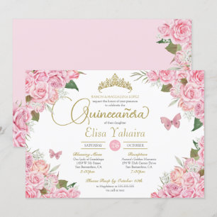 Convite Tiarra de Ouro Floral Rosa Roxa Quinceanera Borbol