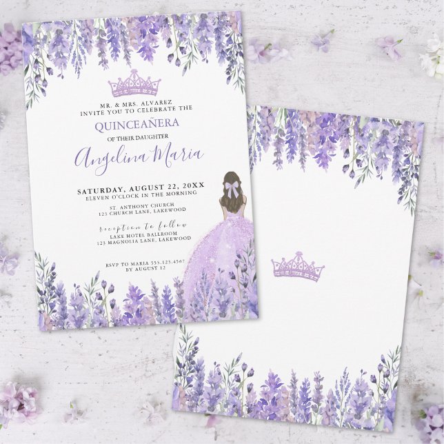 Convite Tiarra de Purpurina de Lilás Roxo Quinceañera Flor (Purple Lilac Glitter Tiara Floral Quinceañera Invitation)
