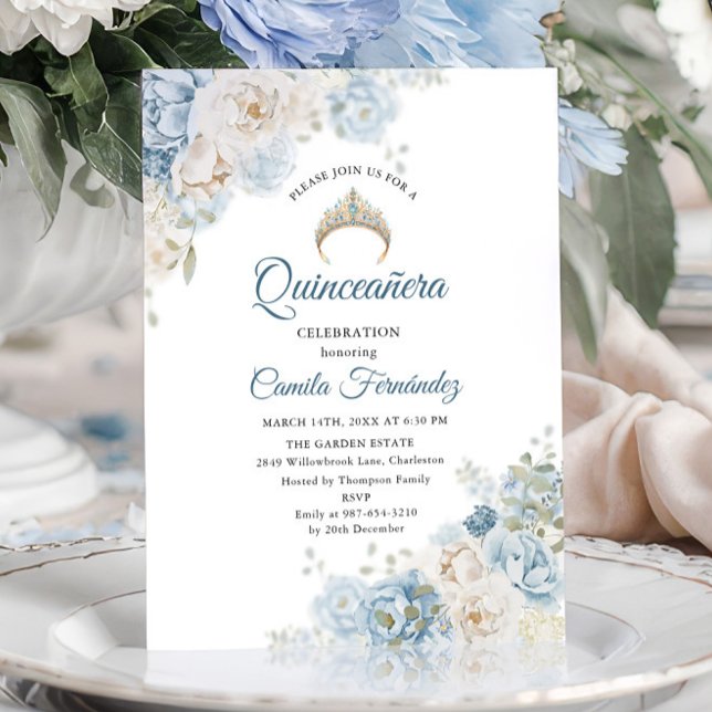 Convite Tiarra de Quinceañera Azul Empoeirada com Rosas em (Criador carregado)