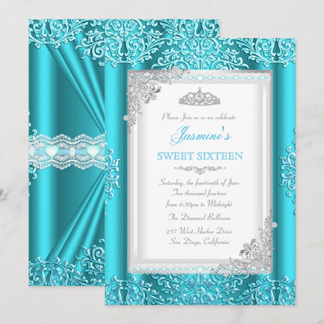 Convite Tiarra de Renda Damask Azul Teal Prata Sweet 16 (Frente/Verso)