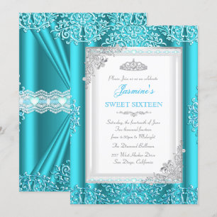 Convite Tiarra de Renda Damask Azul Teal Prata Sweet 16