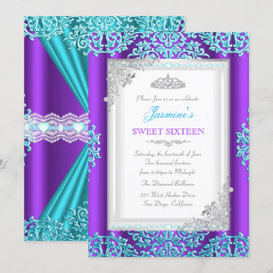 Convite Tiarra de Renda Damask Roxo Teal Prata para Sweet 