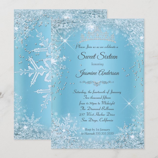 Convite Tiarra de Sweet 16 Blue Silver Winter Wonderland (Frente/Verso)