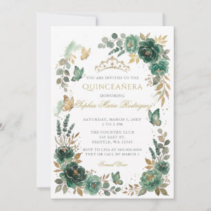 Convite Tiarra Dourada Esmeralda Borboleta Floral Quinceañ
