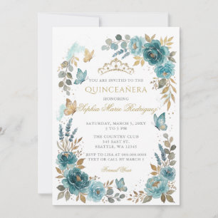 Convite Tiarra Floral Borboleta Azul Dourado Quinceañera