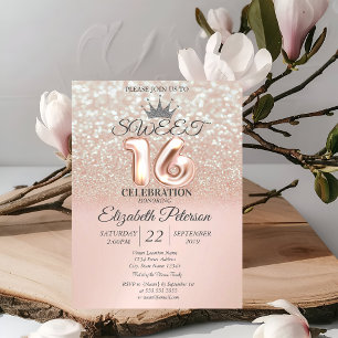 Convite Tiarra Rose Gold Sweet 16 Glitter Bokeh Ombre