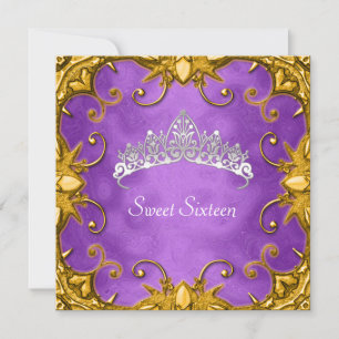 Convite Tiarra Roxa Sweet 16 Aniversário Dourado Branco