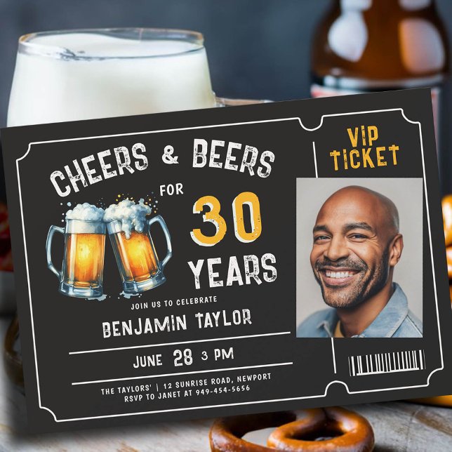 Convite Ticket Men Rustic aniversário de 30 anos (mens 30th birthday beer party invitation ticket photo black white yellow cheers rustic fun classy)