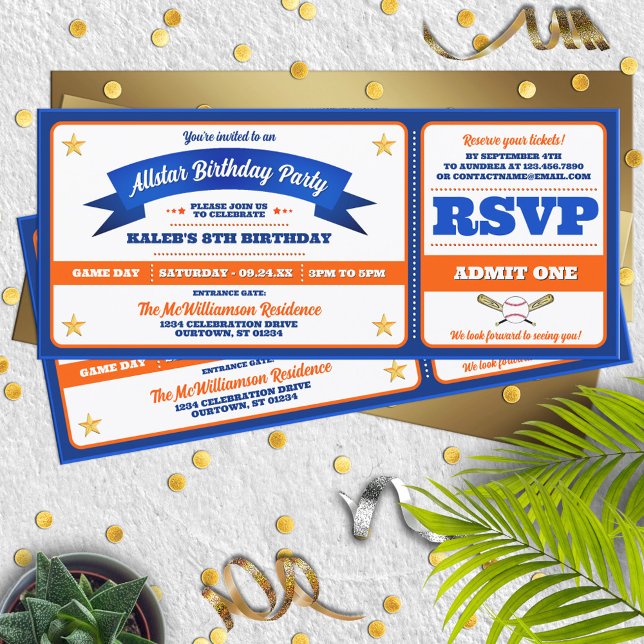 Convite Ticket Style Baseball Birthday Party (Criador carregado)