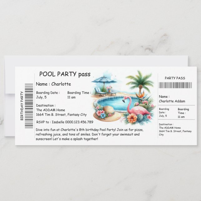 Convite Ticket-Style Pool Party Invitation – Birthday Bash (Frente)