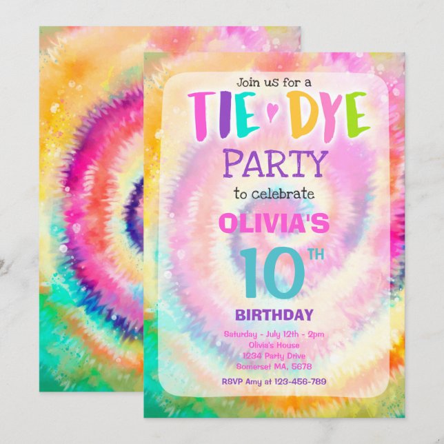 Convite Tie Dye Festa de aniversário Brilhante Tie Dye Hip (Frente/Verso)