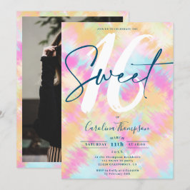 Convite Tie dye Ikat arco-íris fotografia com letra pastel