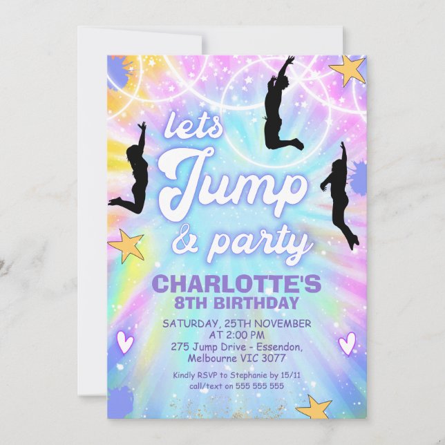 Convite Tie Dye Retro Jump and Play Birthday Invitation (Frente)