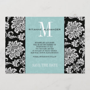 Convite Tiffany Black Monograma Damask Salvar Data