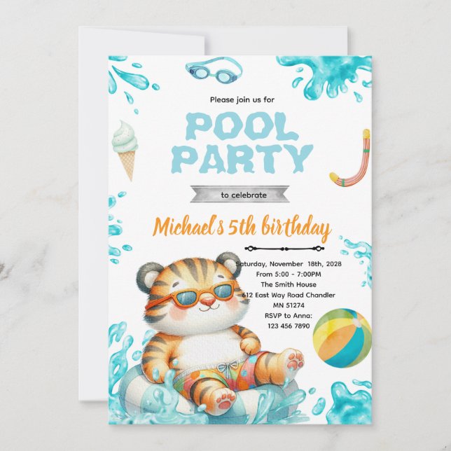Convite Tiger Pool Party Birthday Invitation (Frente)
