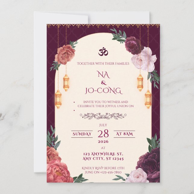 Convite TigerNa Crimson Floral Wedding Invitation (Frente)