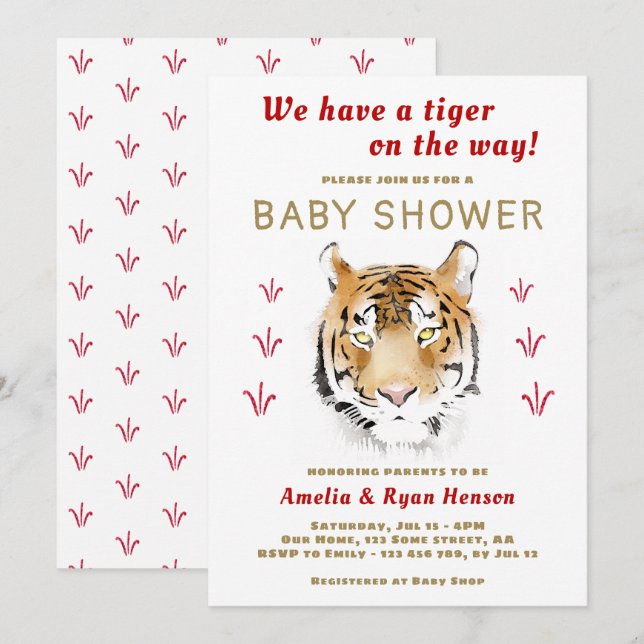 Convite Tigre Bebê Aquarela 2022 Chás de Bebê (Frente/Verso)