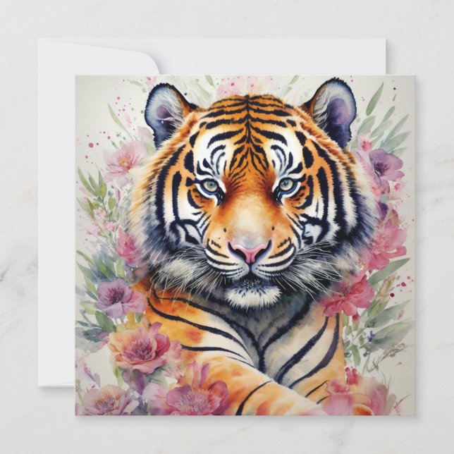 Convite Tigre De Aquarela Com Flores De Pintura Floral (Frente)