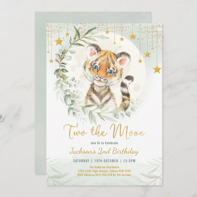 Convite Tigre Dourado verde Dois o segundo aniversário da  (Frente/Verso)