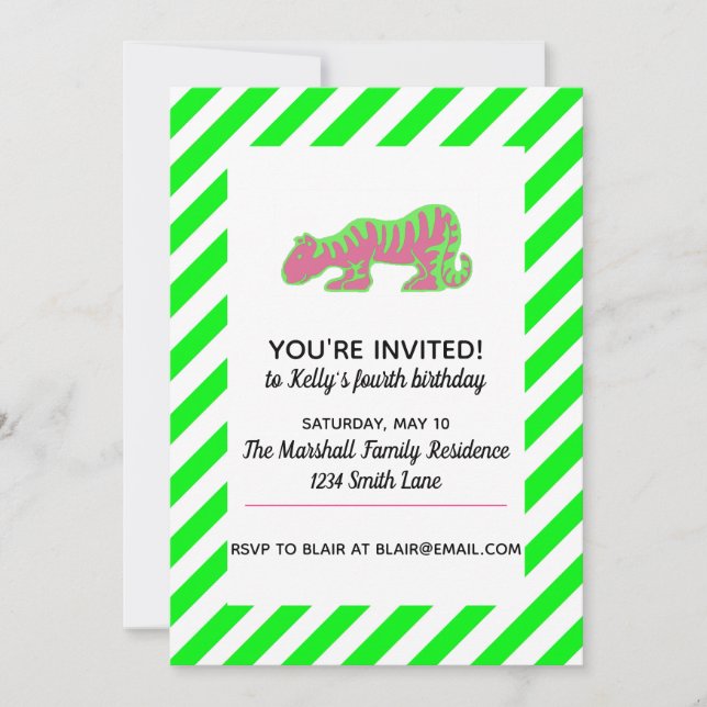 Convite Tigre rosa e verde (Frente)