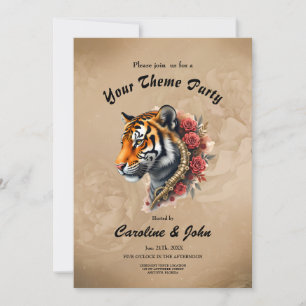 Convite Tigre Steampunk com Ilustração de Rosas.
