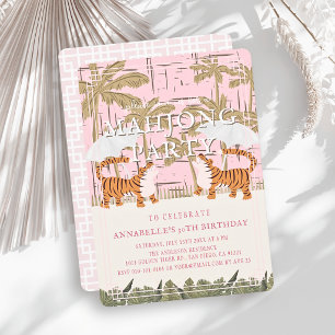 Convite Tigres Rugindo Chinoiserie Rosa Aniversário Mahjon