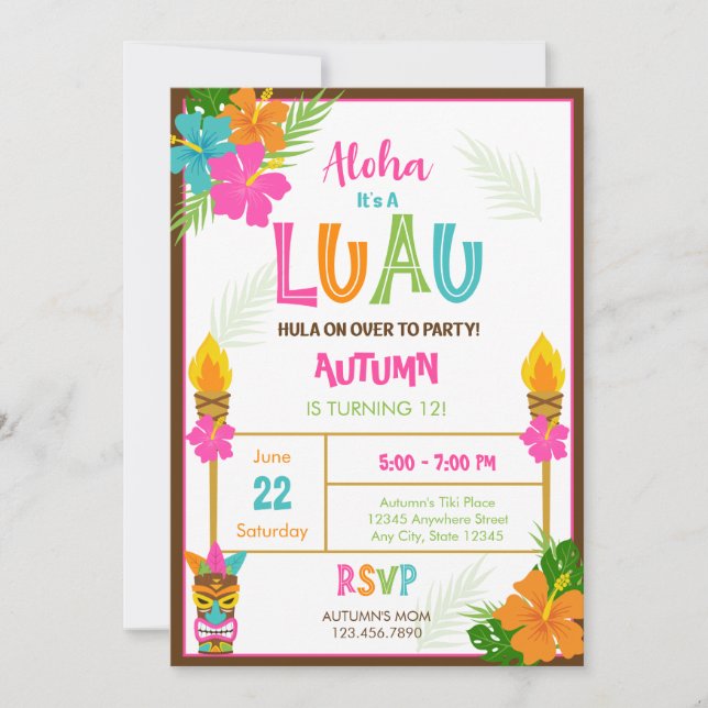 Convite Tiki Aloha Luau Havaí — Aniversário Tropical de Ve (Frente)