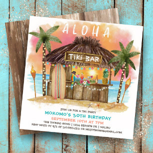 Convite Tiki Beach Bar   Tropical Sea Sunset Birthday