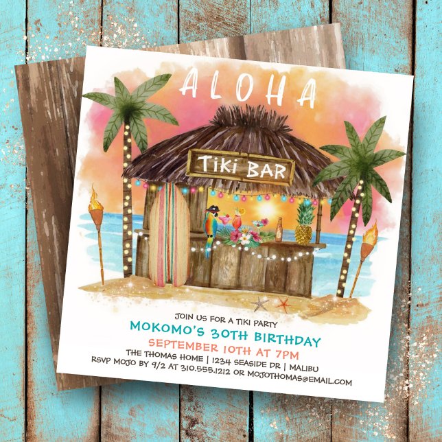 Convite Tiki Beach Bar | Tropical Sea Sunset Birthday  (Criador carregado)
