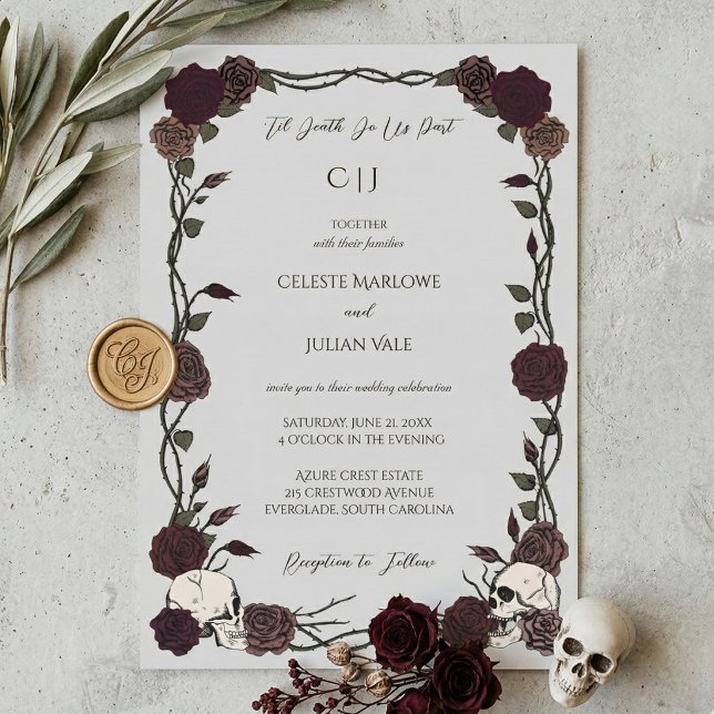 Convite Til Death Gothic Burgundy Roses Light Gray Wedding (moody Hand-drawn skull and rose 'til death do us part wedding invitation with whimsigoth aesthetic)
