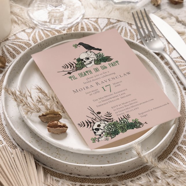 Convite Til Death Gothic Irish Floral Skull Chá de panela (Elegant Hand-Drawn Gothic Irish Wedding Bridal Shower Invitation in Goth Blush Pink. Floral Skulls)
