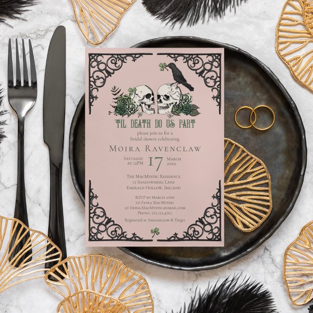 Convite Til Death Nos Parte Mr e Sra. Skulls Green Rosa (Irish Til Death Do Us Part Gothic Goth Bridal Shower Invitation. Hand Drawn Skull, Crow, Green Roses)
