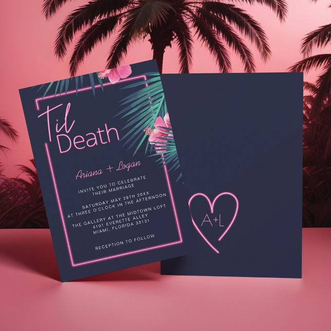 Convite Til Death Nos Parte Neon Pink Casamento Tropical (Til Death Do Us Part Neon Pink Tropical Wedding Invitation)