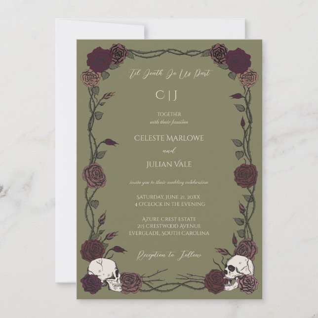 Convite Til Death Olive Green Gothic Rose Wedding (Frente)