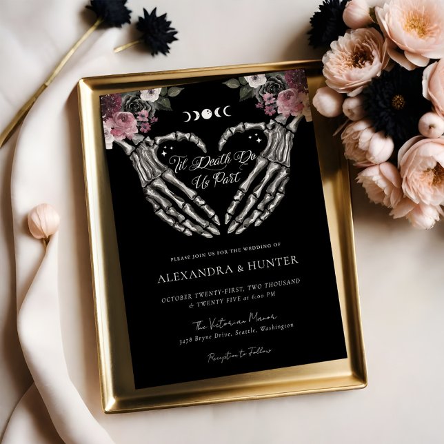 Convite Til Death Watercolor Skeleton Mãos Casamento Gótic (Til Death Watercolor Skeleton Hands Gothic Wedding Invitation (Front))