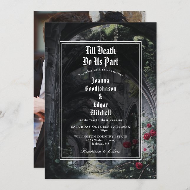 Convite Till Death Gothic Ruins Roses Floral Photo Wedding (Frente/Verso)
