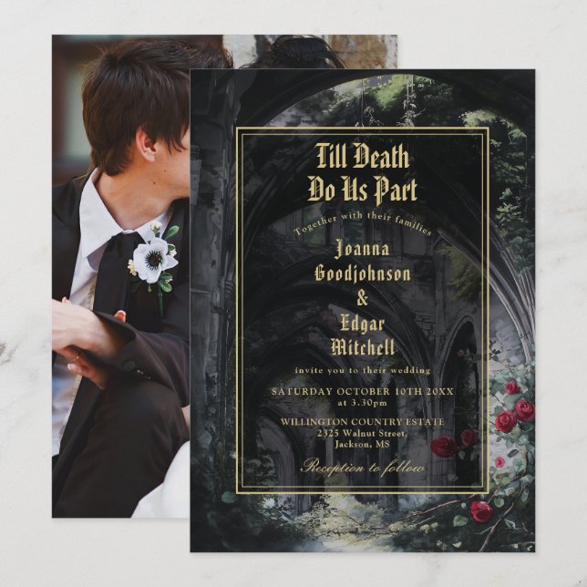 Convite Till Death Gothic Ruins Roses Floral Photo Wedding (Frente/Verso)