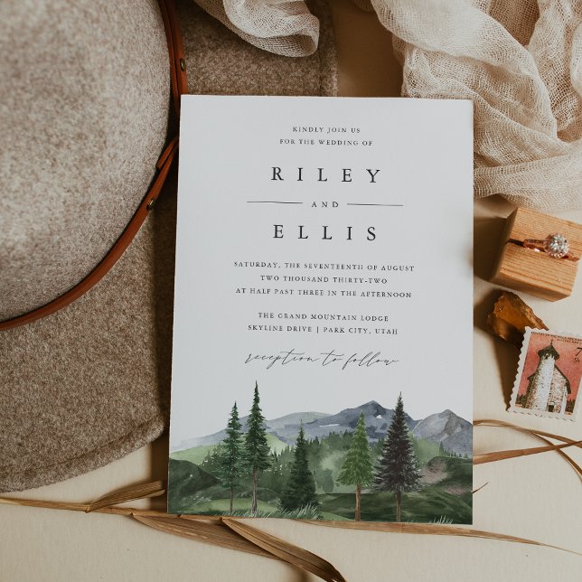 Convite Timberline | Watercolor Forest Mountain Wedding (Criador carregado)