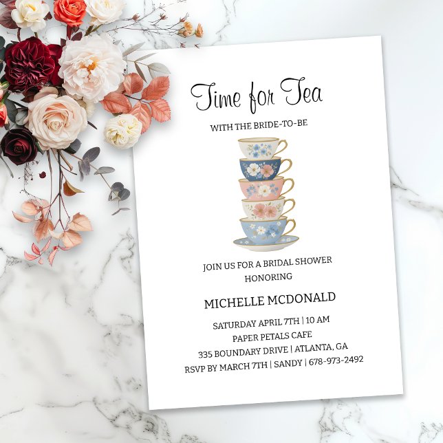 Convite Time for Tea Floral Bridal Shower Invitation (Criador carregado)