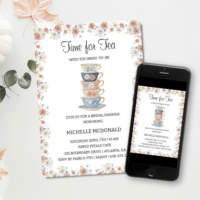 Convite Time for Tea Floral Bridal Shower Invitation (Criador carregado)