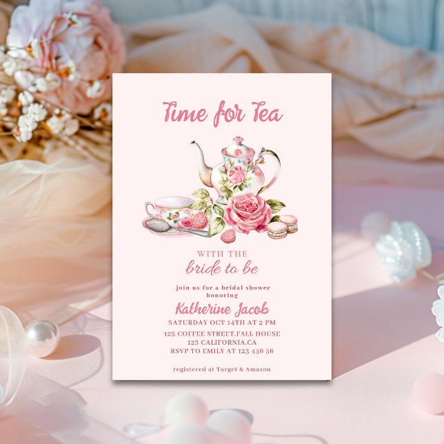 Convite Time for Tea Pink Floral Tea Party Bridal Shower  (Criador carregado)